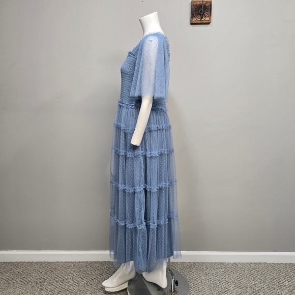 Baltic Born Bexley Tulle Midi Dress XL Dusty Blue Milkmaid Tiered Flutter Sleeve - Picture 4 of 10